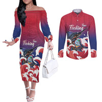 Guam Blue Marlin Fishing Couples Matching Off The Shoulder Long Sleeve Dress and Long Sleeve Button Shirt Polynesian Style LT05 Red - Polynesian Pride