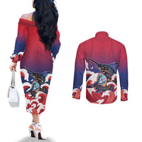 Guam Blue Marlin Fishing Couples Matching Off The Shoulder Long Sleeve Dress and Long Sleeve Button Shirt Polynesian Style LT05 - Polynesian Pride