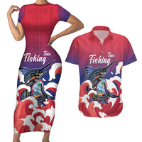 Guam Blue Marlin Fishing Couples Matching Short Sleeve Bodycon Dress and Hawaiian Shirt Polynesian Style LT05 Red - Polynesian Pride