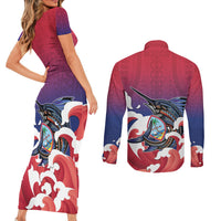 Guam Blue Marlin Fishing Couples Matching Short Sleeve Bodycon Dress and Long Sleeve Button Shirt Polynesian Style LT05 - Polynesian Pride