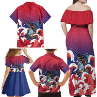 Guam Blue Marlin Fishing Family Matching Off Shoulder Maxi Dress and Hawaiian Shirt Polynesian Style