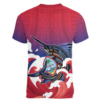 Guam Blue Marlin Fishing Women V-Neck T-Shirt Polynesian Style