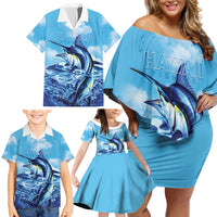 Hawaii Blue Marlin Fishing Family Matching Off Shoulder Short Dress and Hawaiian Shirt