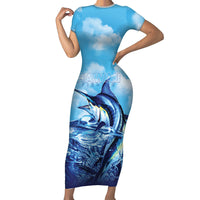Hawaii Blue Marlin Fishing Family Matching Short Sleeve Bodycon Dress and Hawaiian Shirt LT05 Mom's Dress Blue - Polynesian Pride
