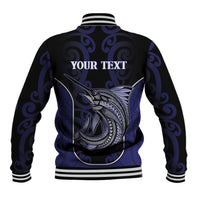 Personalised New Zealand Aotearoa Baseball Jacket Blue Marlin Fishing Maori Pattern