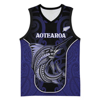 Personalised New Zealand Aotearoa Basketball Jersey Blue Marlin Fishing Maori Pattern LT05 Unisex Black - Polynesian Pride