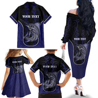 Personalised New Zealand Aotearoa Family Matching Off The Shoulder Long Sleeve Dress and Hawaiian Shirt Blue Marlin Fishing Maori Pattern LT05 - Polynesian Pride