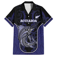 Personalised New Zealand Aotearoa Family Matching Off Shoulder Maxi Dress and Hawaiian Shirt Blue Marlin Fishing Maori Pattern LT05 Dad's Shirt - Short Sleeve Black - Polynesian Pride