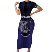 Personalised New Zealand Aotearoa Family Matching Short Sleeve Bodycon Dress and Hawaiian Shirt Blue Marlin Fishing Maori Pattern LT05 Mom's Dress Black - Polynesian Pride