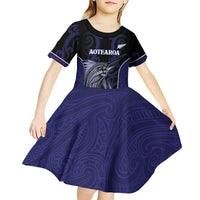 Personalised New Zealand Aotearoa Kid Short Sleeve Dress Blue Marlin Fishing Maori Pattern LT05 - Polynesian Pride