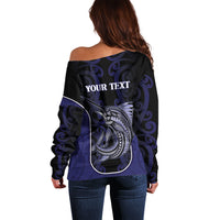Personalised New Zealand Aotearoa Off Shoulder Sweater Blue Marlin Fishing Maori Pattern