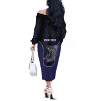 Personalised New Zealand Aotearoa Off The Shoulder Long Sleeve Dress Blue Marlin Fishing Maori Pattern LT05 - Polynesian Pride