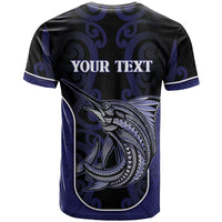 Personalised New Zealand Aotearoa T Shirt Blue Marlin Fishing Maori Pattern