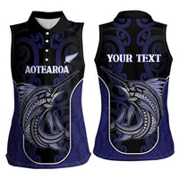 Personalised New Zealand Aotearoa Women Sleeveless Polo Shirt Blue Marlin Fishing Maori Pattern