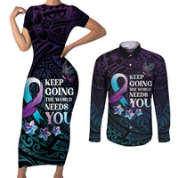 Polynesia Suicide Prevention Awareness Couples Matching Short Sleeve Bodycon Dress and Long Sleeve Button Shirt Keep Going The World Needs You
