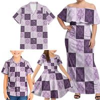 Lavender Manta Ray Hawaiian Quilt Motif Family Matching Off Shoulder Maxi Dress and Hawaiian Shirt