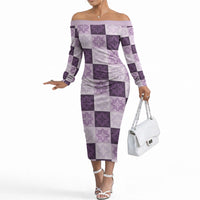 Lavender Manta Ray Hawaiian Quilt Motif Off The Shoulder Long Sleeve Dress