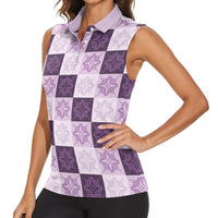 Lavender Manta Ray Hawaiian Quilt Motif Women Sleeveless Polo Shirt