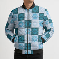 Cyan Manta Ray Hawaiian Quilt Motif Bomber Puffer Jacket