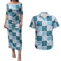 Cyan Manta Ray Hawaiian Quilt Motif Couples Matching Puletasi and Hawaiian Shirt