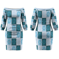 Cyan Manta Ray Hawaiian Quilt Motif Family Matching Off The Shoulder Long Sleeve Dress and Hawaiian Shirt