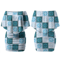 Cyan Manta Ray Hawaiian Quilt Motif Family Matching Off Shoulder Short Dress and Hawaiian Shirt
