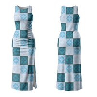 Cyan Manta Ray Hawaiian Quilt Motif Family Matching Tank Maxi Dress and Hawaiian Shirt