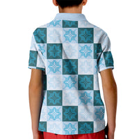 Cyan Manta Ray Hawaiian Quilt Motif Kid Polo Shirt