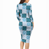 Cyan Manta Ray Hawaiian Quilt Motif Long Sleeve Bodycon Dress