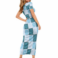 Cyan Manta Ray Hawaiian Quilt Motif Short Sleeve Bodycon Dress