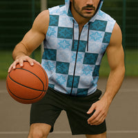 Cyan Manta Ray Hawaiian Quilt Motif Sleeveless Zip Hoodie