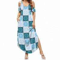 Cyan Manta Ray Hawaiian Quilt Motif Summer Maxi Dress