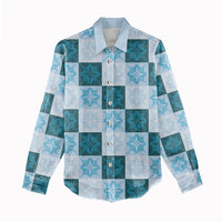 Cyan Manta Ray Hawaiian Quilt Motif Women Casual Shirt