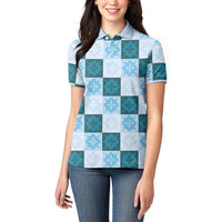 Cyan Manta Ray Hawaiian Quilt Motif Women Polo Shirt