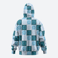 Cyan Manta Ray Hawaiian Quilt Motif Zip Hoodie