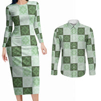 Sage Green Manta Ray Hawaiian Quilt Motif Couples Matching Long Sleeve Bodycon Dress and Long Sleeve Button Shirt