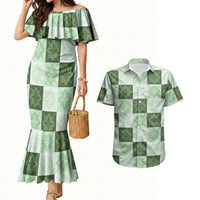 Sage Green Manta Ray Hawaiian Quilt Motif Couples Matching Mermaid Dress and Hawaiian Shirt