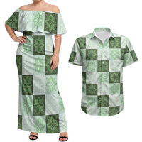 Sage Green Manta Ray Hawaiian Quilt Motif Couples Matching Off Shoulder Maxi Dress and Hawaiian Shirt