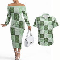 Sage Green Manta Ray Hawaiian Quilt Motif Couples Matching Off The Shoulder Long Sleeve Dress and Hawaiian Shirt
