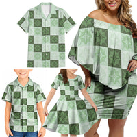 Sage Green Manta Ray Hawaiian Quilt Motif Family Matching Off Shoulder Short Dress and Hawaiian Shirt