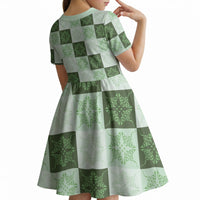 Sage Green Manta Ray Hawaiian Quilt Motif Kid Short Sleeve Dress