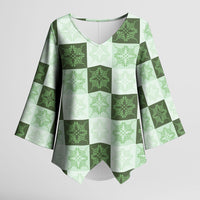 Sage Green Manta Ray Hawaiian Quilt Motif Kimono Sleeve Blouse