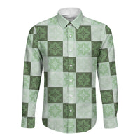 Sage Green Manta Ray Hawaiian Quilt Motif Long Sleeve Button Shirt