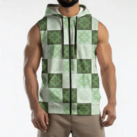 Sage Green Manta Ray Hawaiian Quilt Motif Sleeveless Zip Hoodie
