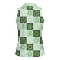 Sage Green Manta Ray Hawaiian Quilt Motif Women Sleeveless Polo Shirt