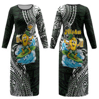 Aloha Hawaii Mango Surfing Couples Matching Long Sleeve Bodycon Dress and Long Sleeve Button Shirt Polynesian Style