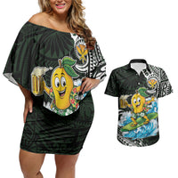 Aloha Hawaii Mango Surfing Couples Matching Off Shoulder Short Dress and Hawaiian Shirt Polynesian Style
