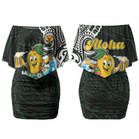 Aloha Hawaii Mango Surfing Couples Matching Off Shoulder Short Dress and Hawaiian Shirt Polynesian Style
