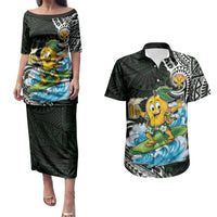 Aloha Hawaii Mango Surfing Couples Matching Puletasi and Hawaiian Shirt Polynesian Style