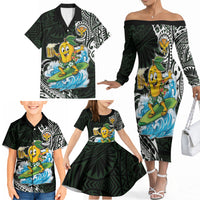 Aloha Hawaii Mango Surfing Family Matching Off The Shoulder Long Sleeve Dress and Hawaiian Shirt Polynesian Style